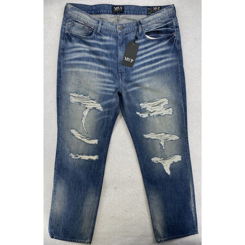 MVP Collections Men's 42x34 Relaxed Straight Stretch Distressed Blue Jeans USA